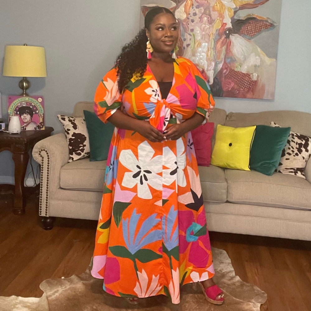 Eloquii Orange Puff Sleeve Colorful Floral Maxi Boardwalk Bloom Dress Size 16 - Picture 4 of 8